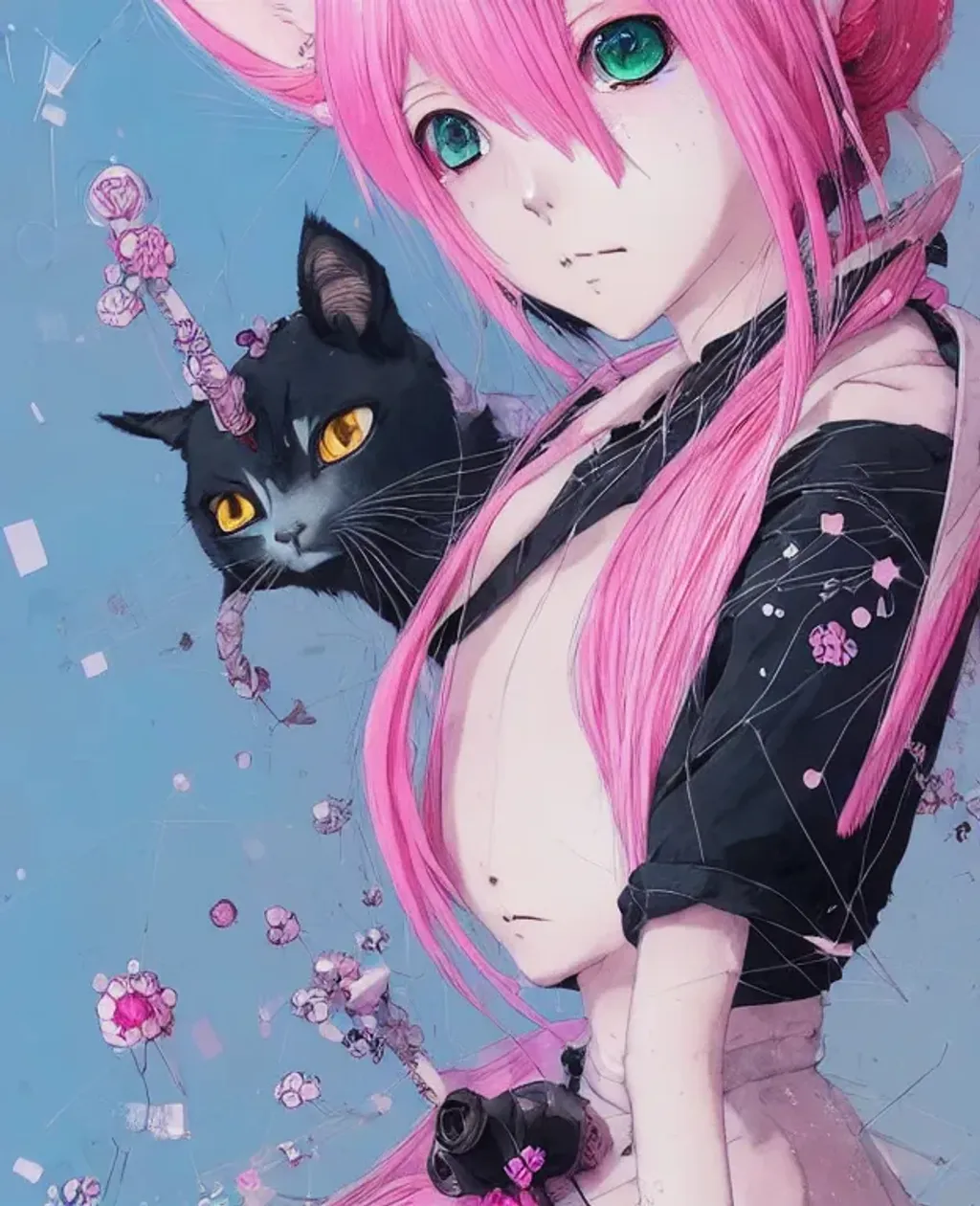 Prompt: cute pink haired anime female with cat ears, pink cat eyes, short hair, beautiful, manga, insanely detailed and intricate digital illustration by Hayao Miyazaki, Ismail Inceoglu, M.W. Kaluta and Yoshitaka Amano, a masterpiece, close-up, 8k resolution, trending on artstation, delicate, watercolor, soft