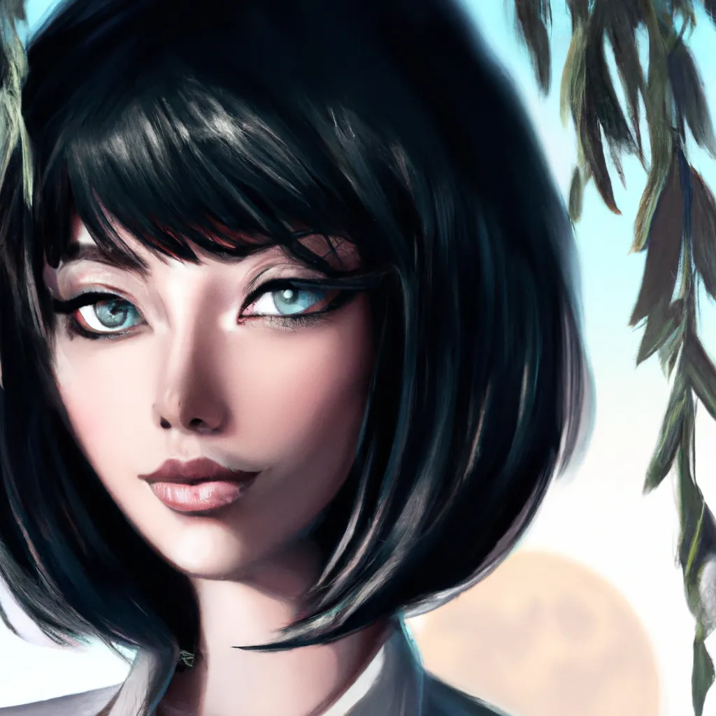 Prompt: Portrait, one face, of a gorgeous woman with short wavey black hair, sky blue eyes, dark complexion, slender, beautiful, accurately proportioned, full moon, weeping willow trees, artgerm, artstation, cgi