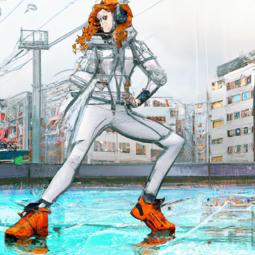 Prompt: Full body with face 2D graffiti spray paint style, rainy cyberpunk city in background, Pretty Russian 27 year old woman with turquoise wavy curly chin length hair, white gray orange colored dieselpunk outfit with lots of straps, white solarpunk jacket, leg in the air