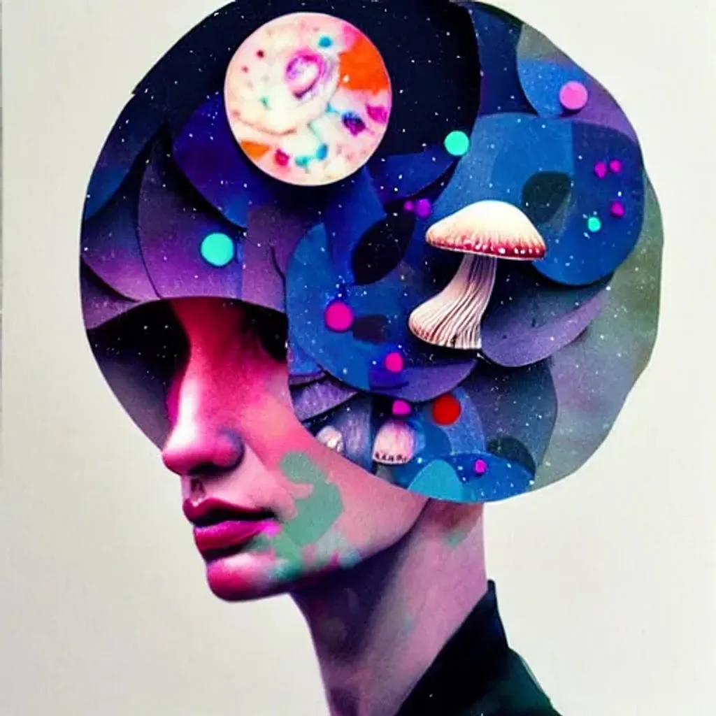 Prompt: Layered paper art, portrait by Ryan Hewett, Beautiful woman with mushrooms growing out of her hair, hq, fungi, celestial, moon, galaxy, stars, victo ngai 