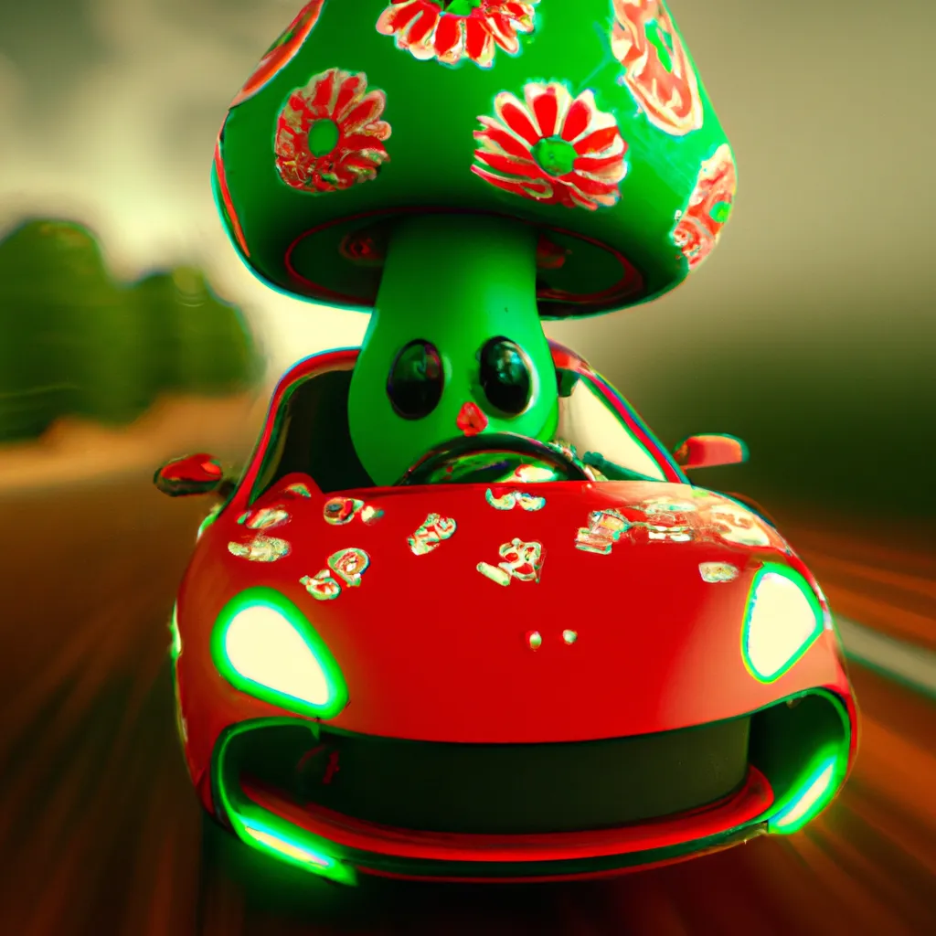 Prompt: Two race cars of anthropomorphic hot chilis peppers, one red and one green, racing with each other, cyberpunk, redshift render, 4k ultra-detailed  | Giant Cosmic mushroom  | cute girl | in the style of Magritte  | use brown, black, gray, white soft muted colors | 3d render | octane lighting | dream fantasy | computer chip| IC chip | golden ratio | Disney Pixar Dreamworks 