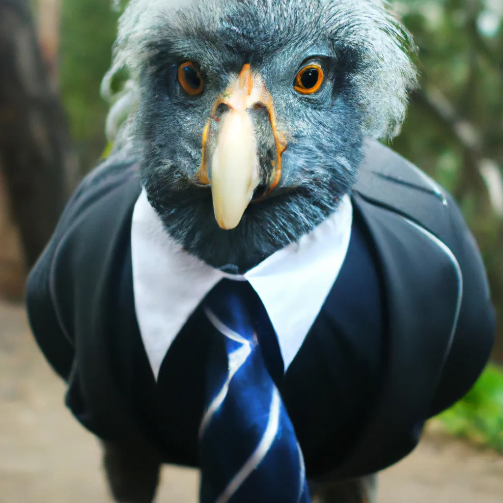 Prompt: a bird is looking at you like he is mad.  he wears a suit.  photo