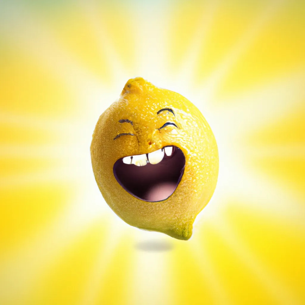 Prompt: The Sun laughing hysterically Photo Realistic Ultra 3-D Very yellow Lemon, Huge beams of light shining from it. 