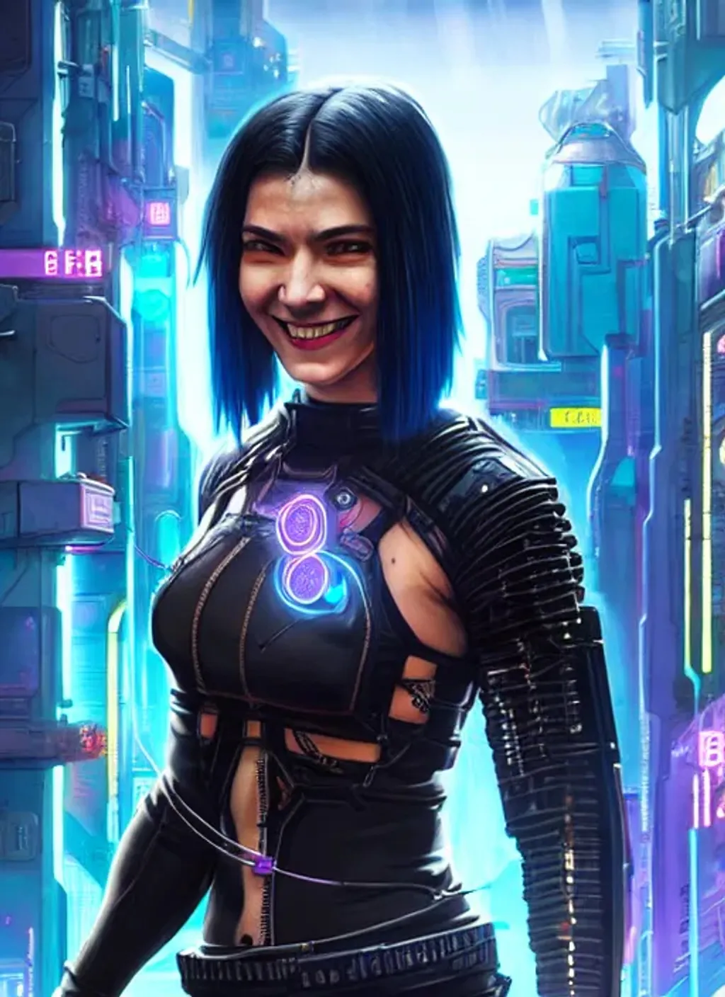 Prompt: Extremely detailed portrait of  cyberpunk netrunner style with black hair with happy smile, extremely detailed  cyberpunk street, hyperrealistic background , 8k, high quality, concept art, trending on artstation, sharp focus, studio photo, intricate details, hyper detailed