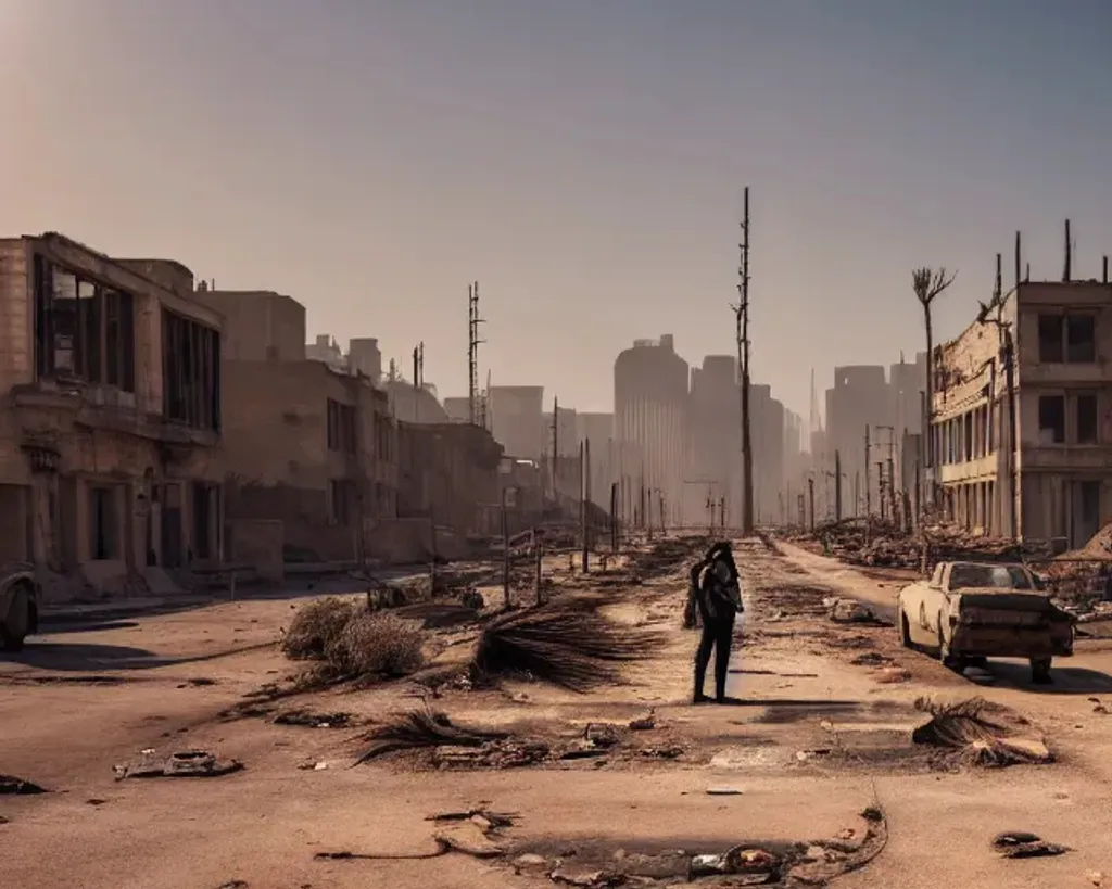 Prompt: Dystopian Wasteland city, dilapidated buildings, a couple wearing gas masks, , tent, cracked roads, potholes, hazy sky, dry desert like conditions, dead plants and trees, rodents, broken down vehicles , by Ernst Haeckel, Dramatic, Ultra-Wide Angle, 8K, Sunlight, Soft Lighting, Shadows, Charred, Sidewalk