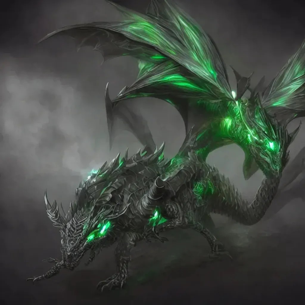 Prompt: a cool stunning dragon, silver sharp streamlined armor, detailed head, sharp claws, glowing green LED eyes