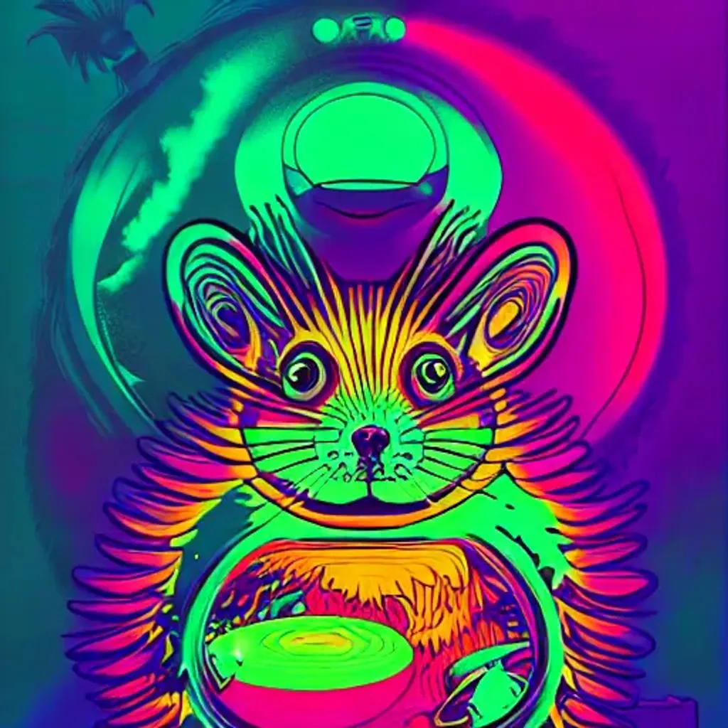 Prompt: Hypnotic illustration of {hamster}, hypnotic psychedelic art by Dan Mumford, pop surrealism, dark glow neon paint, mystical, Behance