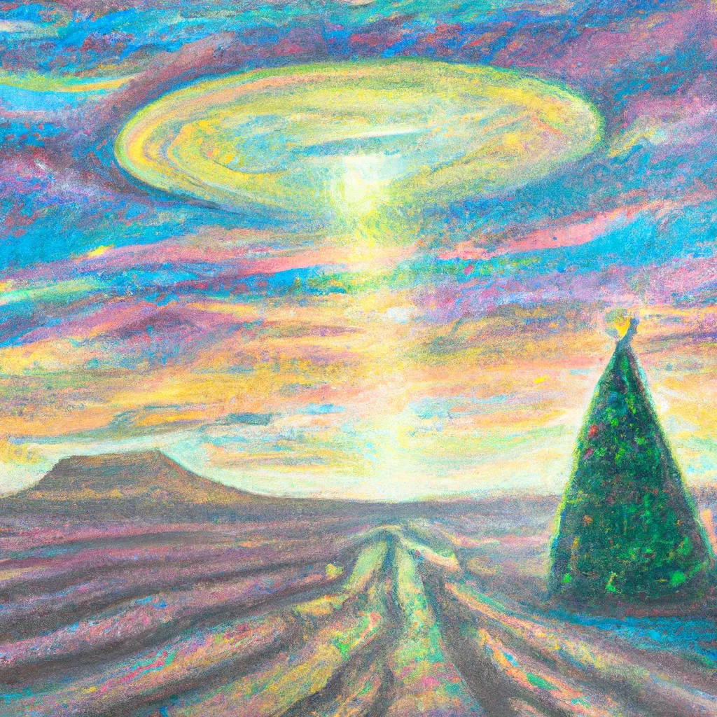 Prompt: A Van Gogh painting of a Christmas tree in the middle of a desert at dawn. There is a rainbow colored flying saucer in the sky.