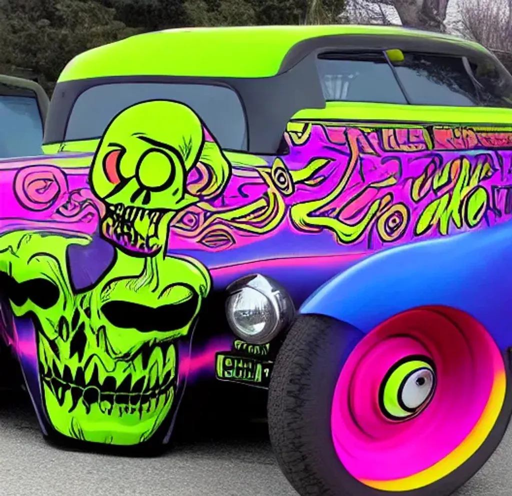 Prompt: Black light day glo hot rod cartoon skeleton monster driver 