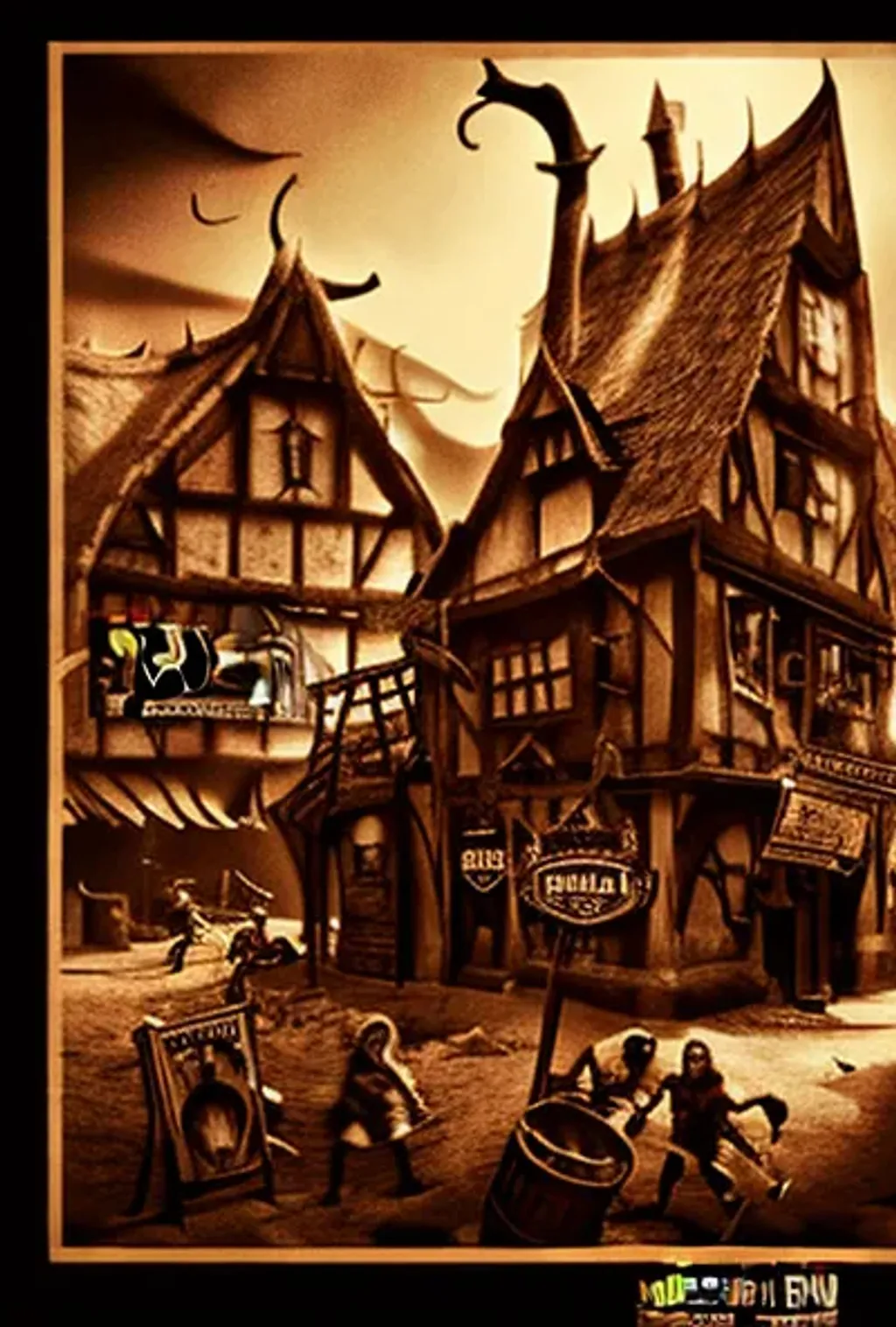 Prompt: Mordheim poster tavern advertisement sepia