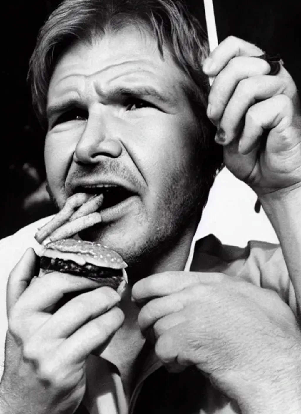 Prompt: Photograph of Harrison Ford eating a hamburger, taken during 1977, black and white