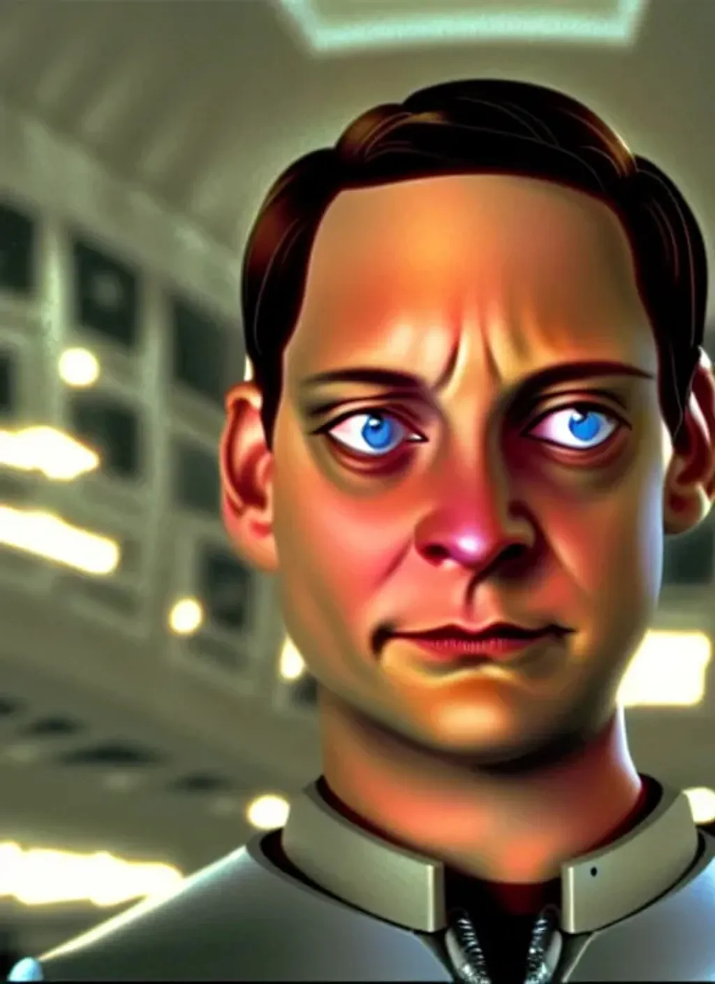 Prompt: Movie screenshot of Tobey Maguire as a cyborg, 2010s