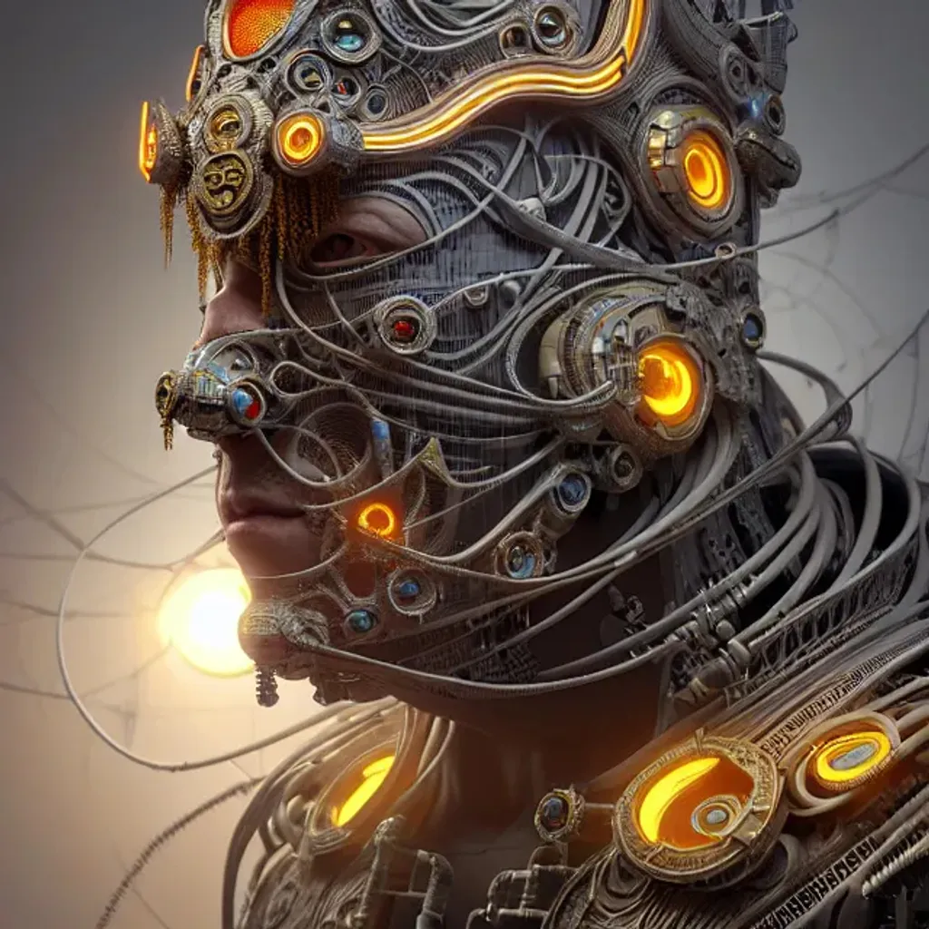 Prompt: A photorealistic 3d render of a male cyborg wearing an intricate venetian mask, raytracing, radiant colors, fantasy, dystopic, texture, magical realism, eerie, futuristic, circuits as floor, wide view shot by Ellen jewett , tomasz alen kopera and Justin Gerard symmetrical features, 