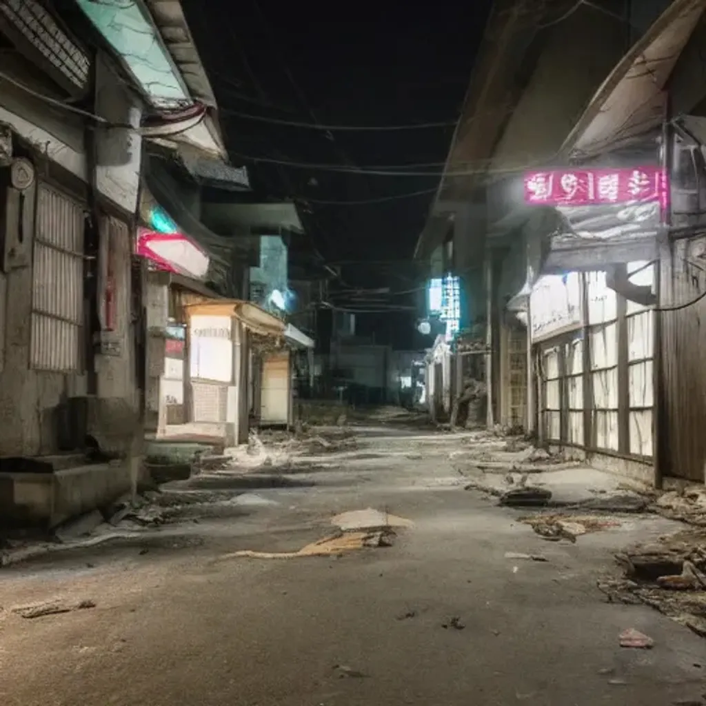 Prompt: abandoned korean street at night, creepy people standing, garbage on ground