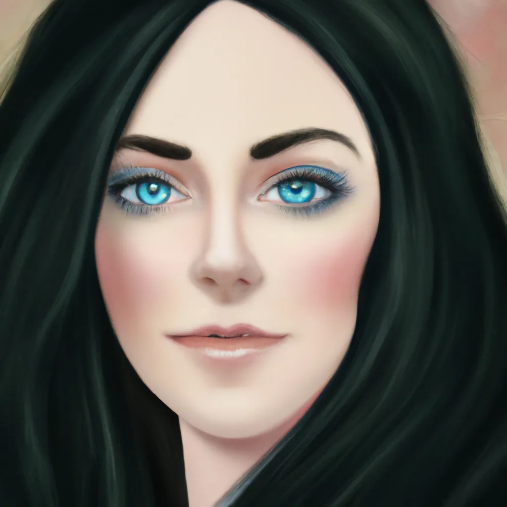 Prompt: Digital portrait of a beautiful woman with big blue eyes and bags under her eyes, black long hair and pale skin, digital art, 3D digital oil painting