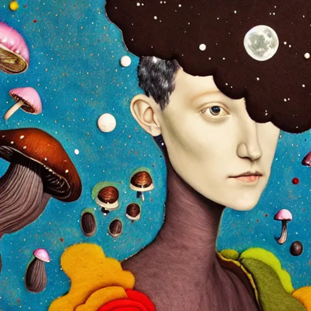 Prompt: Felt fabric portrait by Ryan Hewett, Beautiful woman with dark brown skin, mushrooms growing out of her hair, hq, fungi, celestial, portrait, victo ngai, moon mushrooms, Jan van Eyck, galaxy, moon, stars 