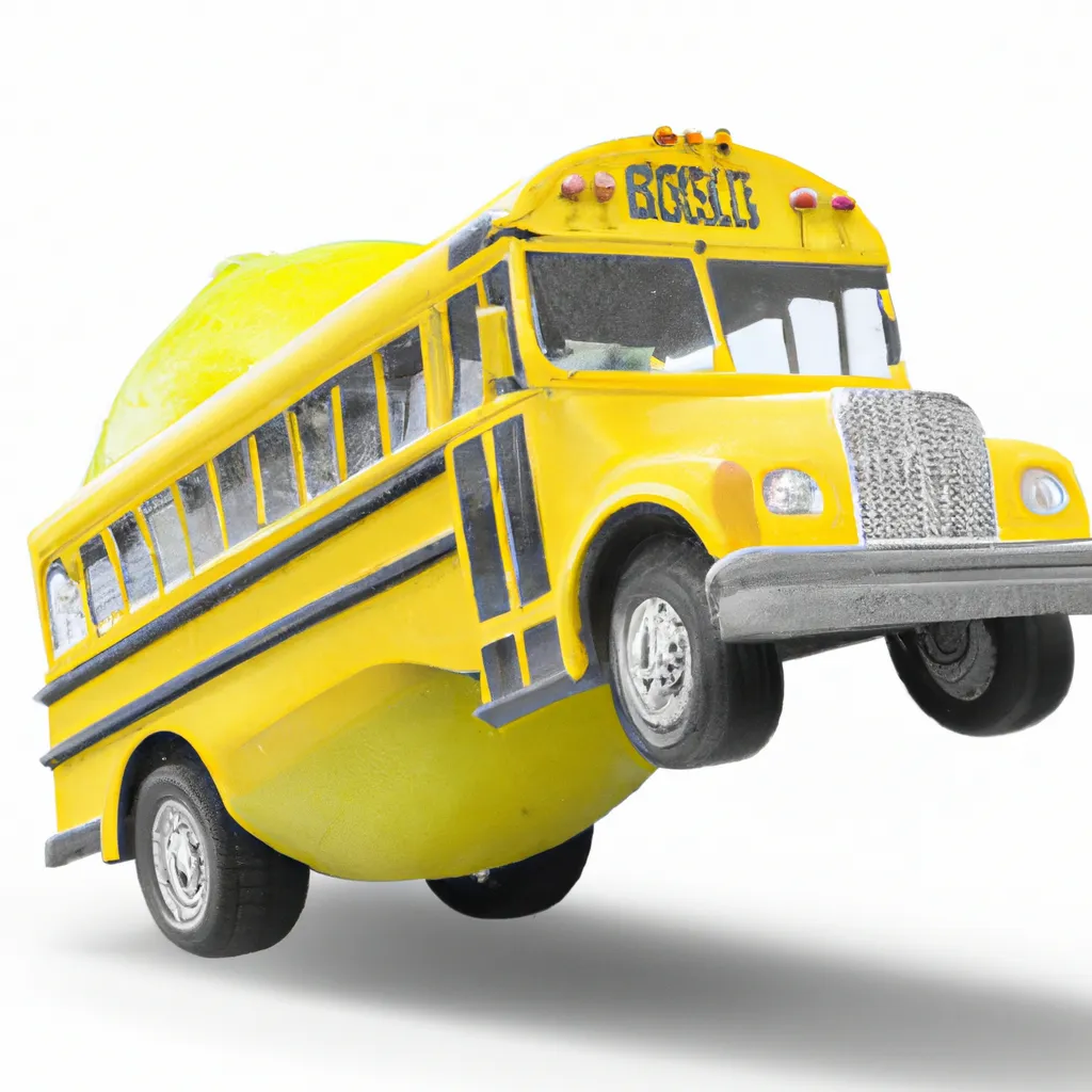 Prompt: lemon shaped school-bus doing a wheelie