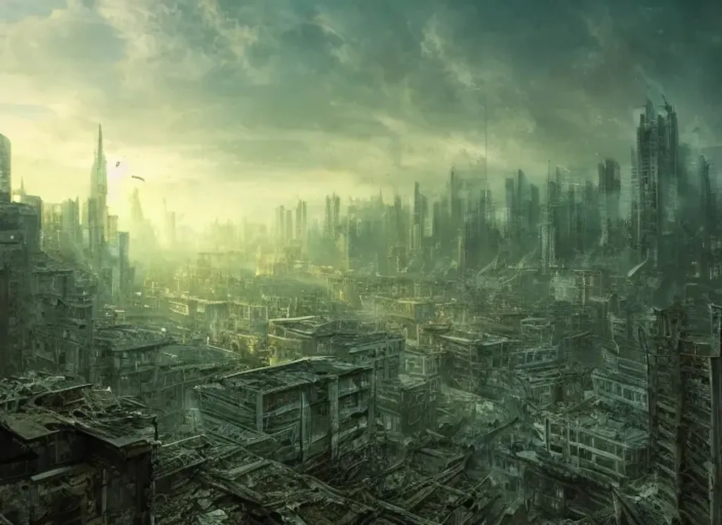 Prompt: view from a window, a desolate post-apocalyptic cityscape, multilayered broken bridges, high density, green sunset and nightfall, photorealistic, cinematic lighting, hyperdetailed, deep colors, concept art by James Chadderton, Michał Karcz, Dino Tomic, Emmanuel Shiu and Ruan Jia and John Berkey, trending on artstation