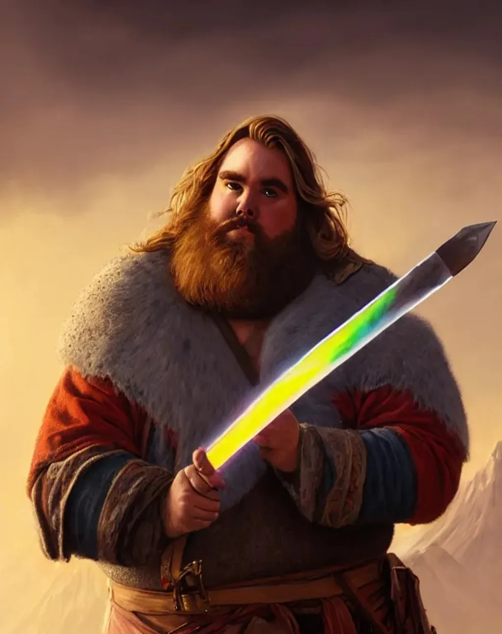 Prompt: Portrait of John Candy in barbarian clothes, holding a multicolored chromatic flaming sword, detailed beautiful wispy beard, symmetrical, foggy mountains, sunset lighting, highly detailed, digital art, sharp focus, trending on art station, by greg rutkowski, unreal engine, hyper realism, realistic shading, cinematic composition, detailed textures, photorealistic, ultrawide shot