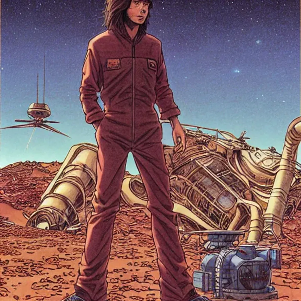 Prompt: Man with long dark brown hair wearing brown jumpsuit standing in alien dessert next to destroyed alien tank, by Makoto Kobayashi, by Moebius, by Jean Giraud, manga, anime style, 80's, Intricate, Hand drawn, concept art, grainy color, dim lighting, Anime Key Visual, beautiful composition