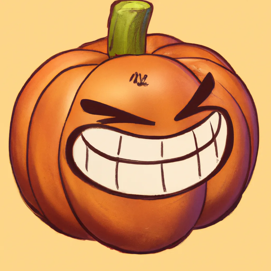 Prompt: A pumpkin character with a laughing emoji carved into it, digital art