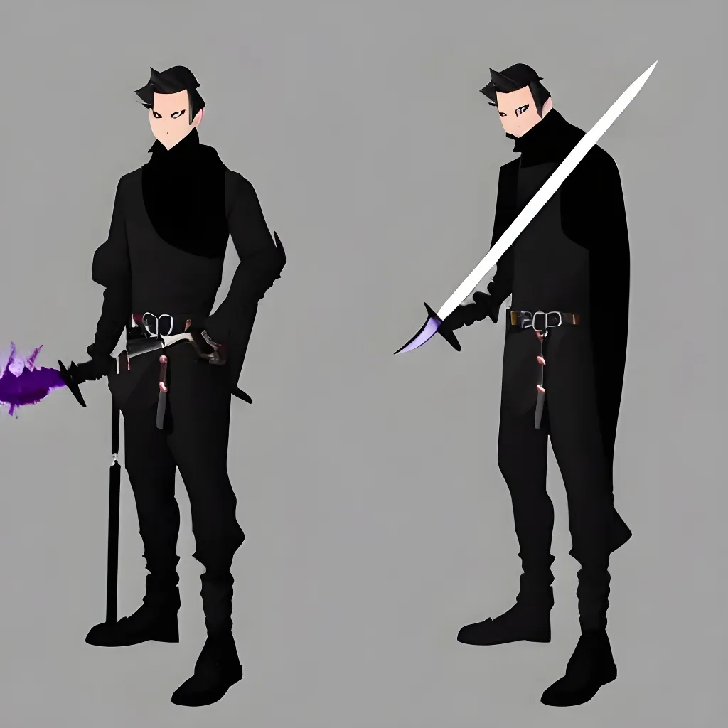 A good looking boy in all black and a black sword wi... | OpenArt
