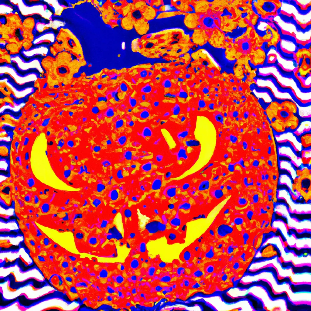 Prompt: Comic book styled psychedelic Jack-o'-lantern,4K,waves,Halloween,cherry blossoms, highest quality 