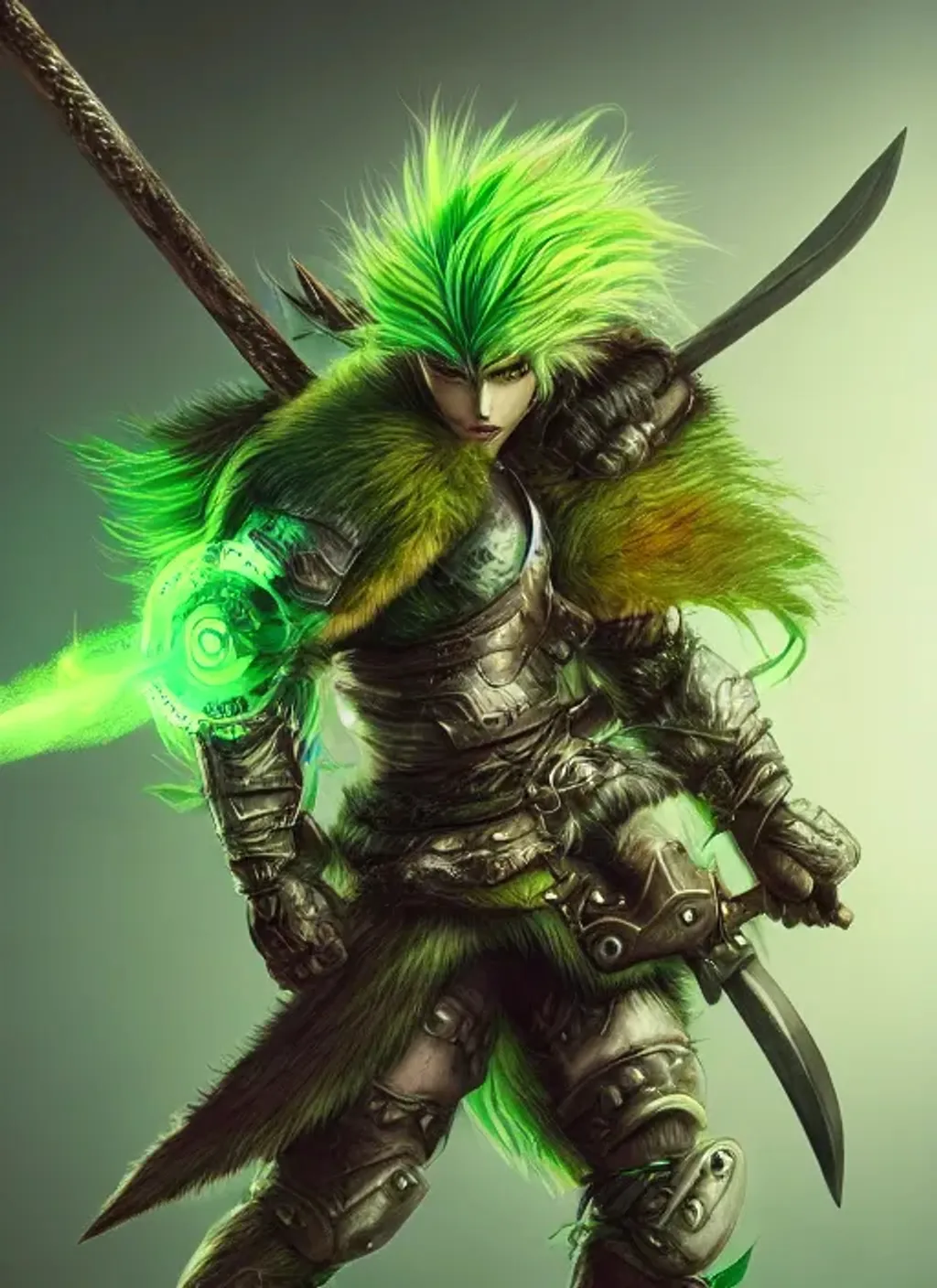 Prompt: berserker with wild green hair wearing light fur armour holding an axe, In style of Yoshitaka Amano, concept art, artstation, dynamic pose, highly detailed, head
