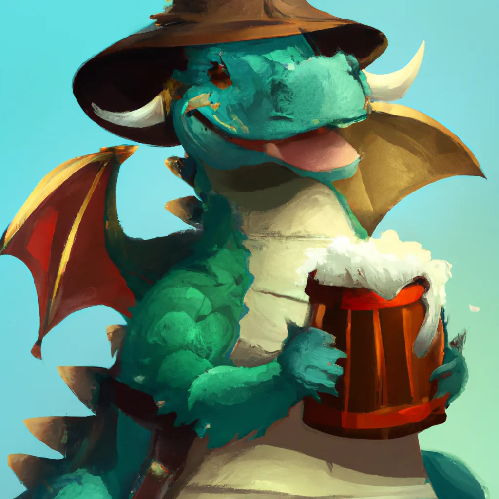 Prompt: A happy dragon with a German Oktoberfest hat and an overflowing tankard, greg rutkowski, andreas rocha, RHADS, digital art, artstation, 