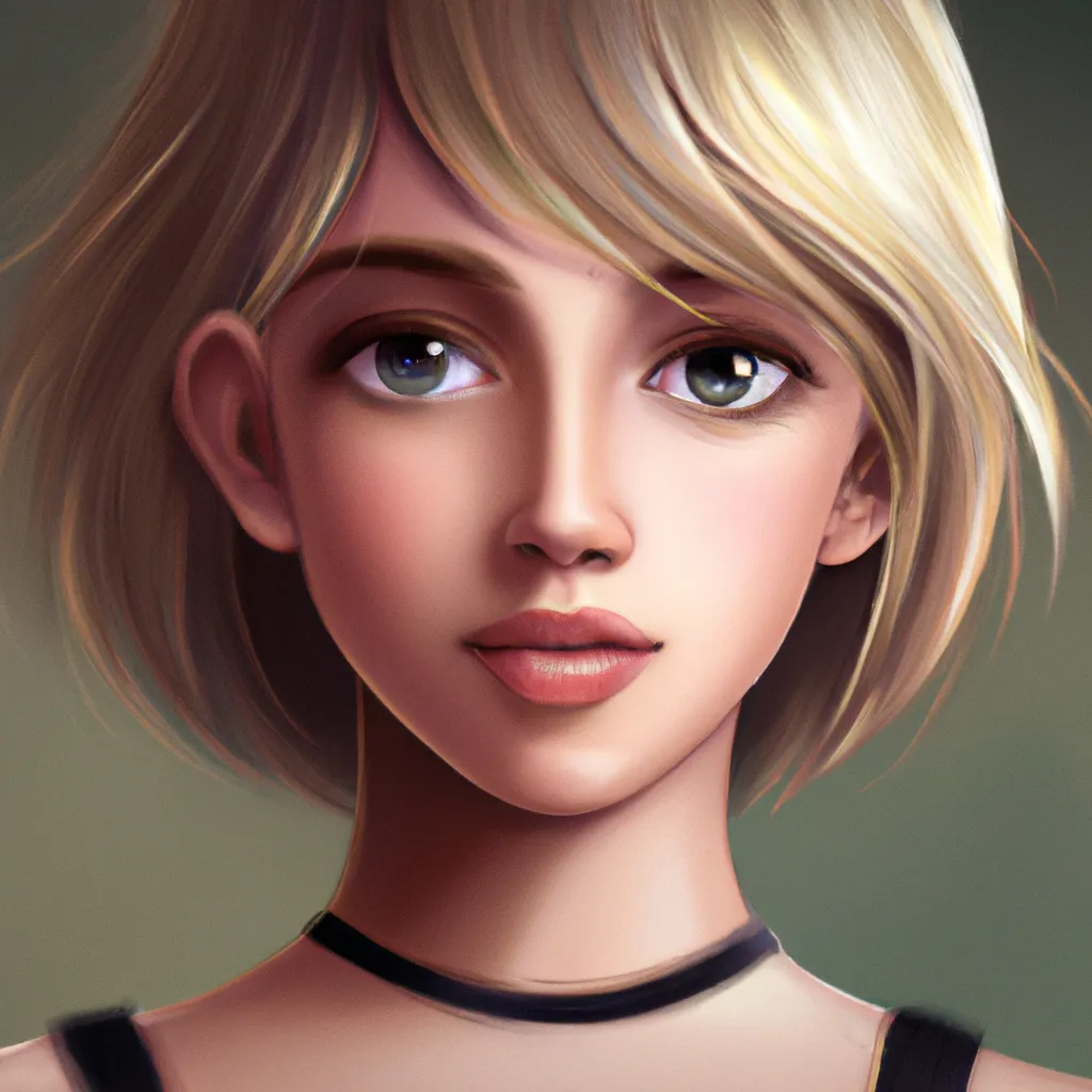 Prompt: portrait of a  17 years old girl with short blond hair and green eyes  wearing a black crop top , spontaneous, highly detailed, digital painting, artstation, concept art, smooth, sharp focus, illustration