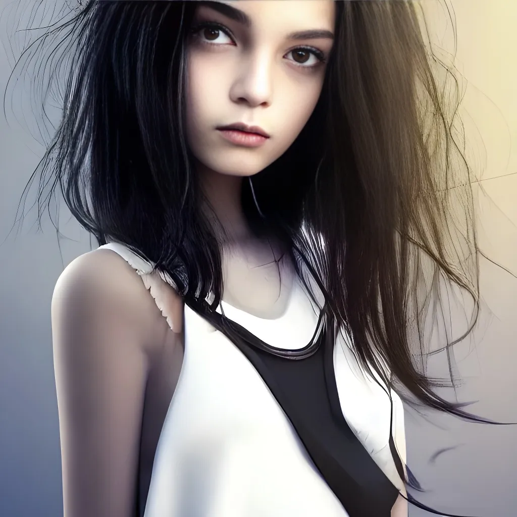 Prompt: highly detailed portrait of a pretty young cute teen girl, looking at the camera, white hairs, eyeliner makeup, black skirt, black clothes, black crop top, full length, ultra-realistic soft sun lighting, Redshift Render, hd, 4k, 8k, artstation, illustration, teenager, digital art