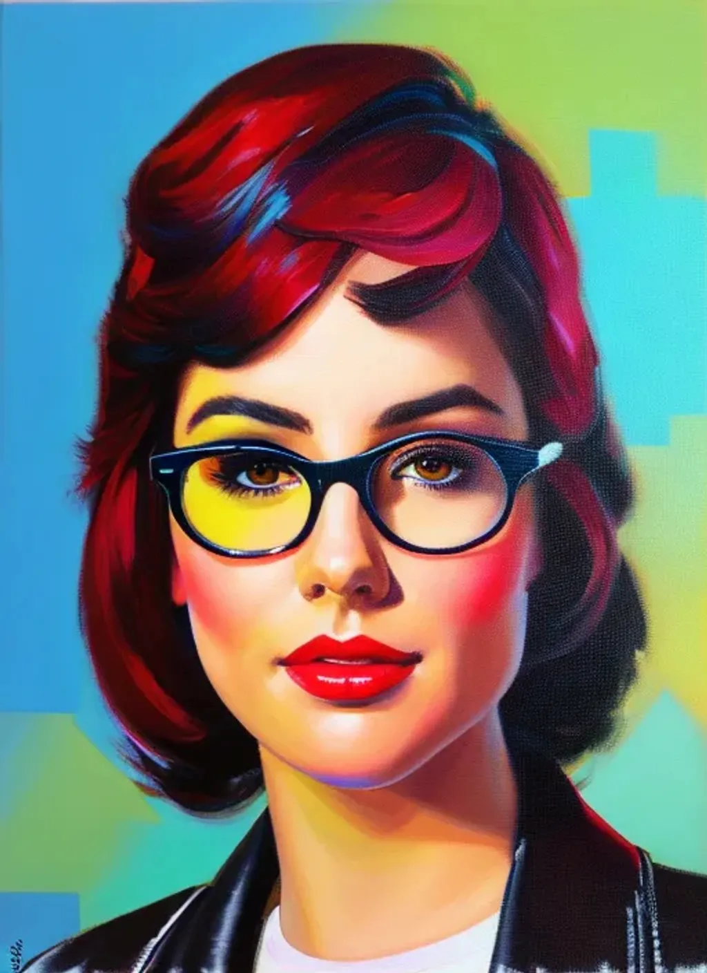 Prompt: Facial portrait of a pretty cute nerdy teenage girl, hispanic, pale skin, black hair, short hair, dark brown eyes, glasses, red jacket, vivid colors, neon, 80s, looking at the camera, extremely detailed painting by Greg Rutkowski and by Henry Justice Ford and by Steve Henderson