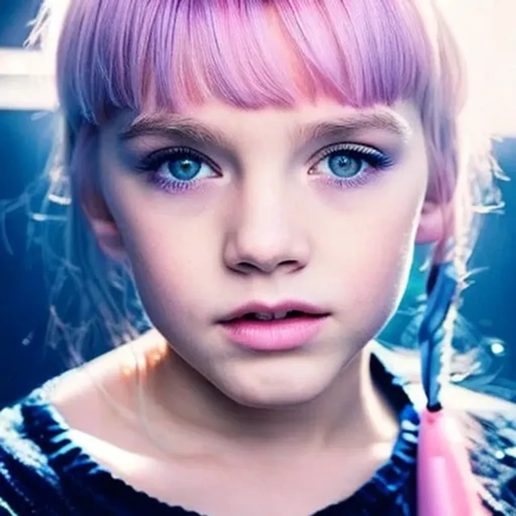 Prompt: cute and beautiful {russian} child girl with blue eyes on the spaceship and spacecraft and ufo, ultra-realistic soft sun lighting, {smooth soft skin}, sharp eyes, beautiful intricate {pink and white and soft blue hair}, soft pink lips, symmetrical face, anime wide blue eyes, soft lighting, gently {shy smile}, cute smile, looking into camera, highlydetailed {eyes with reflection}, bright soft light from the behind, {sacred geometry symbols on the face}, stars, sky, sacred geometry, light languages