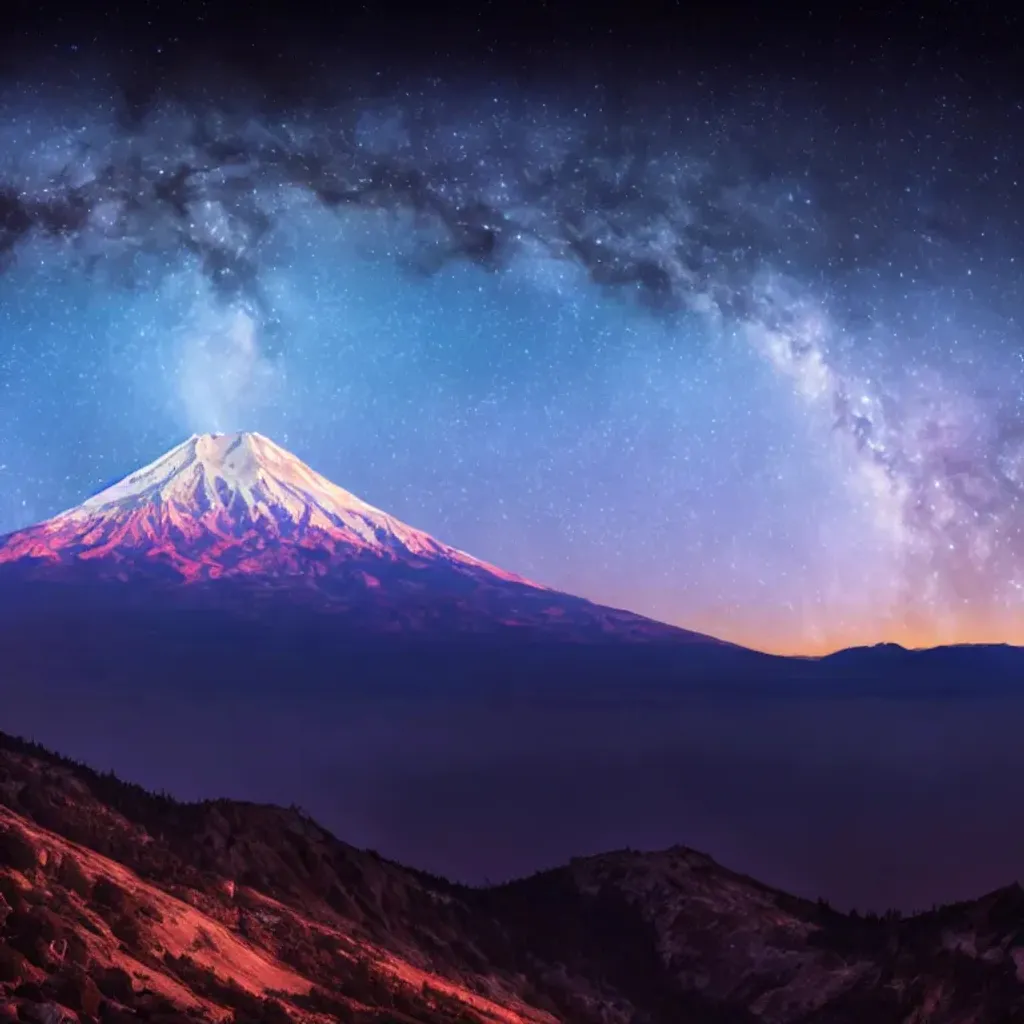 Prompt: Mt. Shasta at night with brilliant starry sky with nebulas and  multiple scintillating flying alien spacecraft flying around. Digital art ultra hd high res 8k 