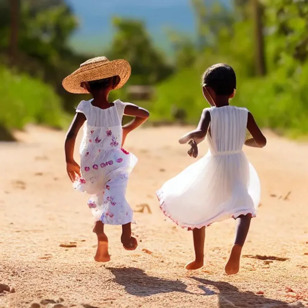 Prompt: A Sony a7 IV photograph of two children running, wearing a flay white  flowery dress, white skin, symmetrical body,  highly detailed, viewd from back, high  angle shot, long shot, telephoto shot by Steve McCurry, realism, photorealism, moody, sad, relaxing, nulstagic, vivid, professional,   extremely detailed, 
