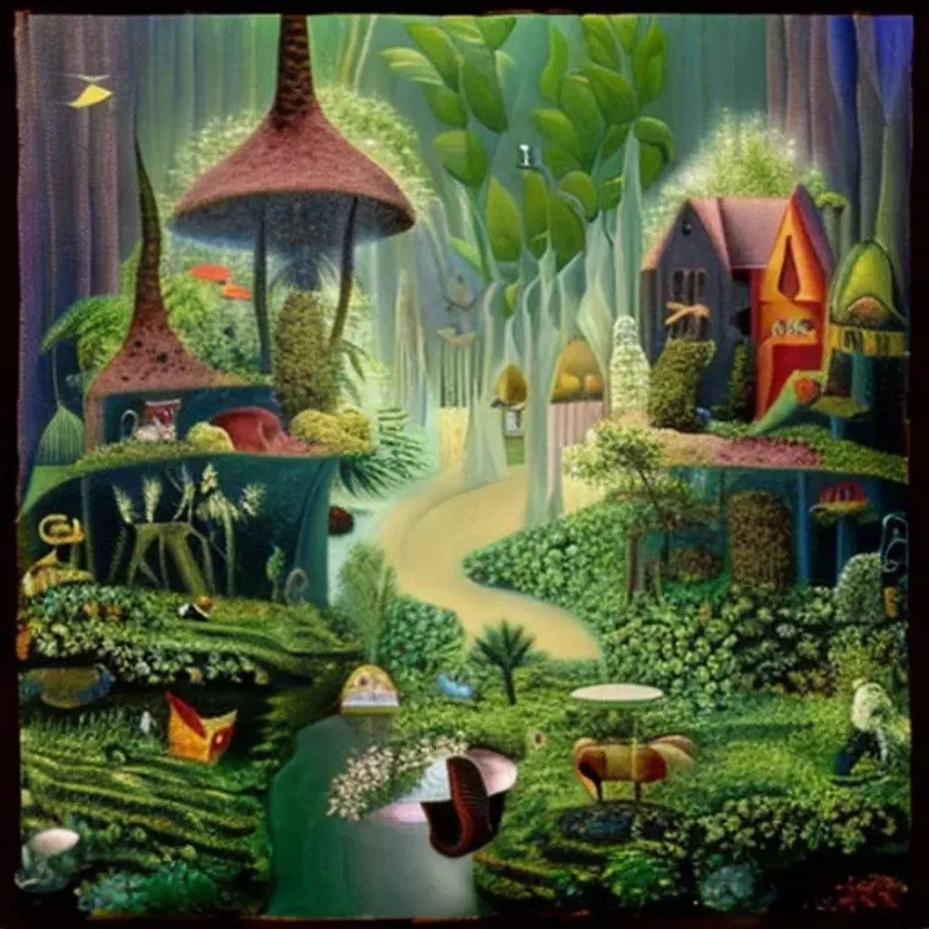 Prompt: A photo of a fairy village, enchanted, ethereal, otherworldly, mystical, fantastical, surreal, dreamlike, by henri Rousseau