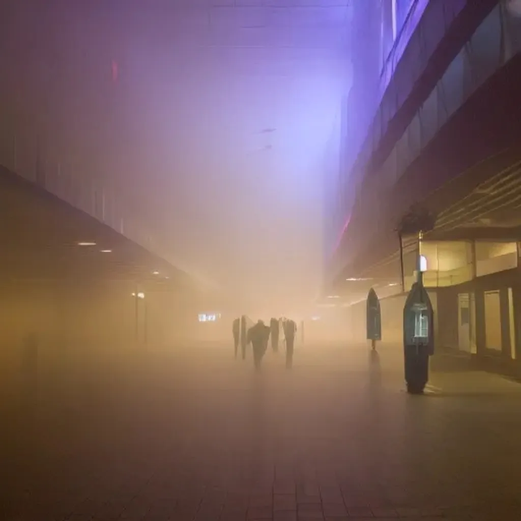 Prompt: liminal space mall in the fog at night