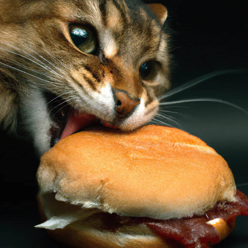 Prompt: Cat munching on a hamburger