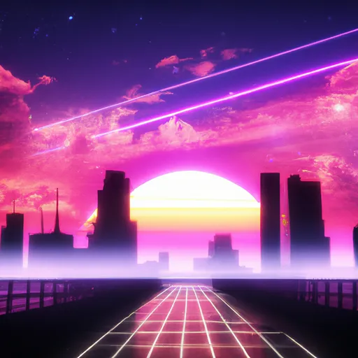 Prompt: Retro futuristic synthwave styled night cityscape with sunset on background