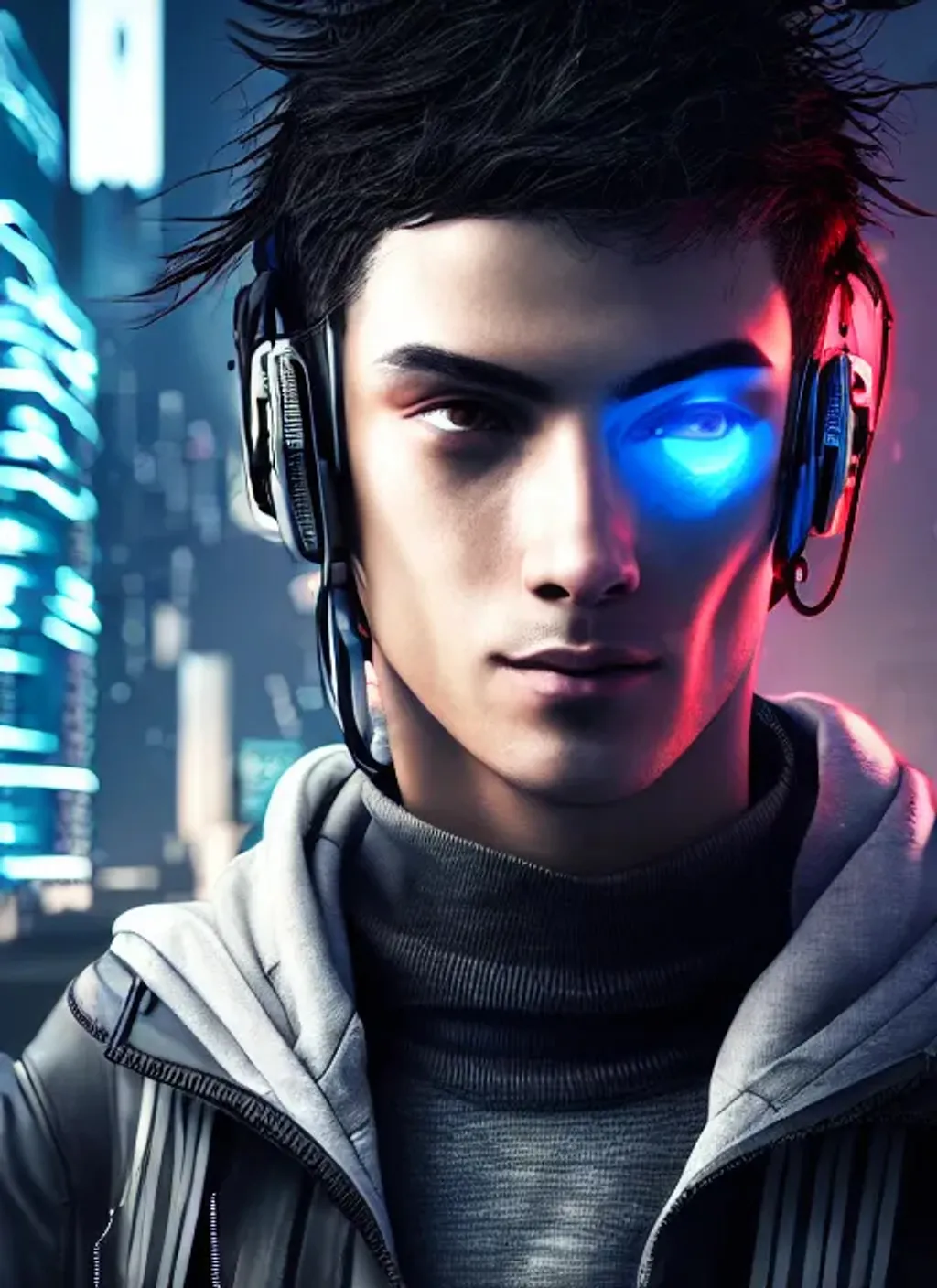 Prompt: Extremely detailed portrait of  cyberpunk young hacker mercenary with black hair he look's like good man, extremely detailed  cyberpunk street, hyperrealistic background , 8k, high quality, concept art, trending on artstation, sharp focus, studio photo, intricate details, hyper detailed