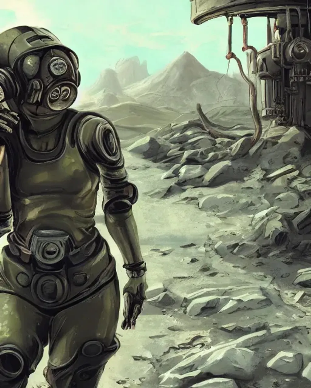 Girl in wasteland with broken mechanical and space s... | OpenArt