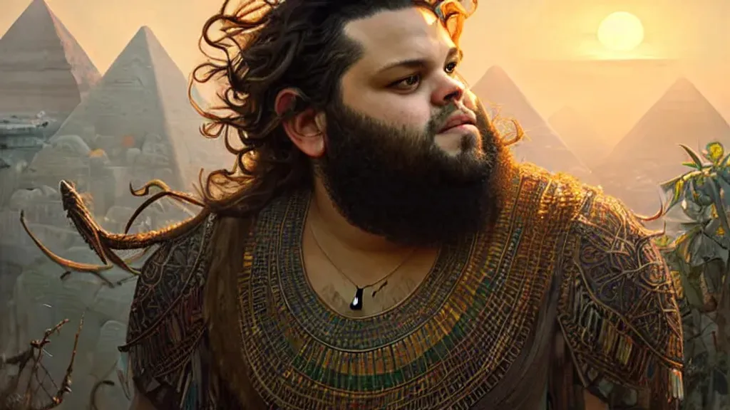 Prompt: Portrait of a cute Daniel Franzese, long hair, wide eyed, wispy beard, detailed clear face, symmetrical, detailed clothes, hanging gardens of egypt, breathtaking beauty, intricate detailed environment, dramatic sunset, by Greg Rutkowski