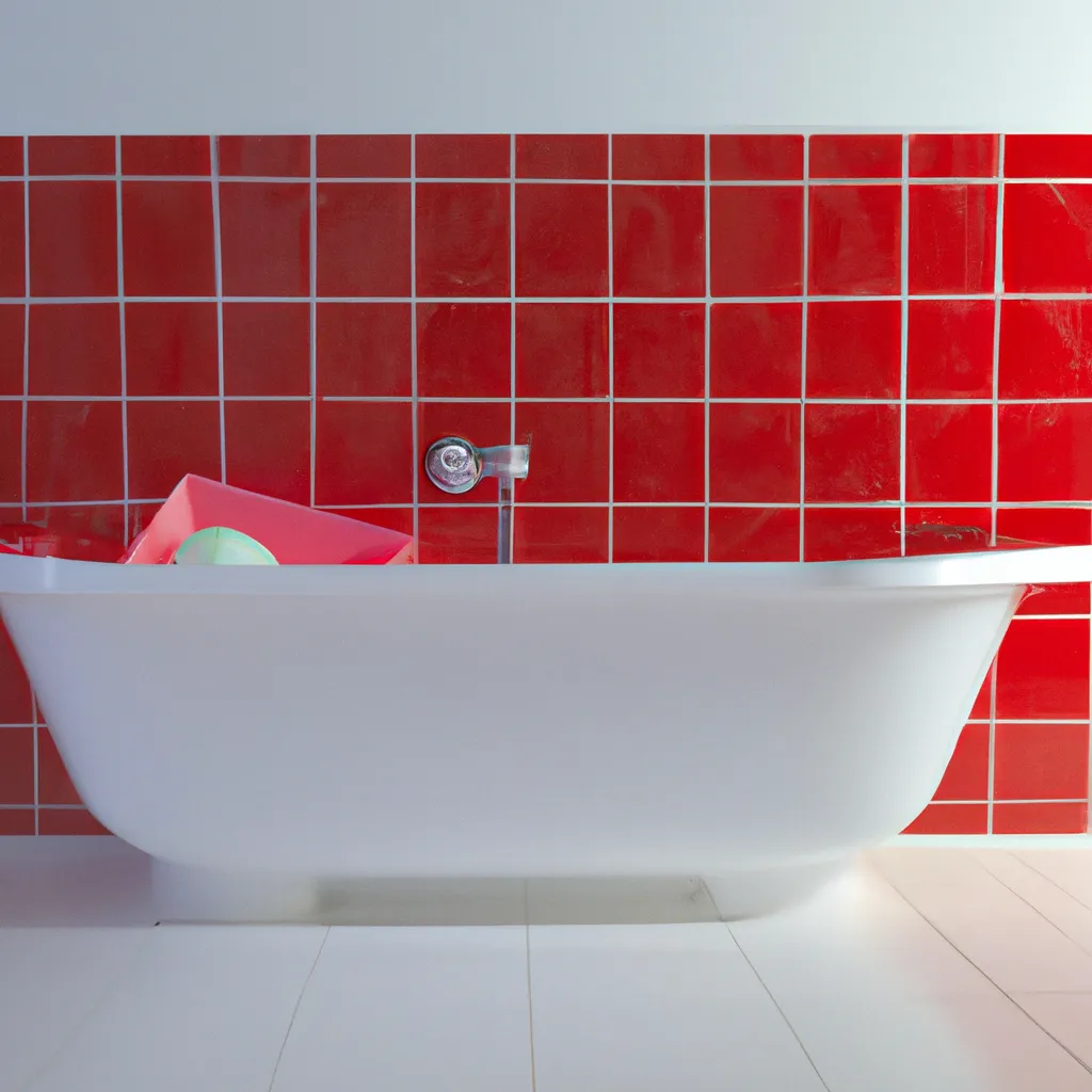 Prompt: a white bathtub filled with red jello, on a tile floor in front of a tile wall, 3d render octane