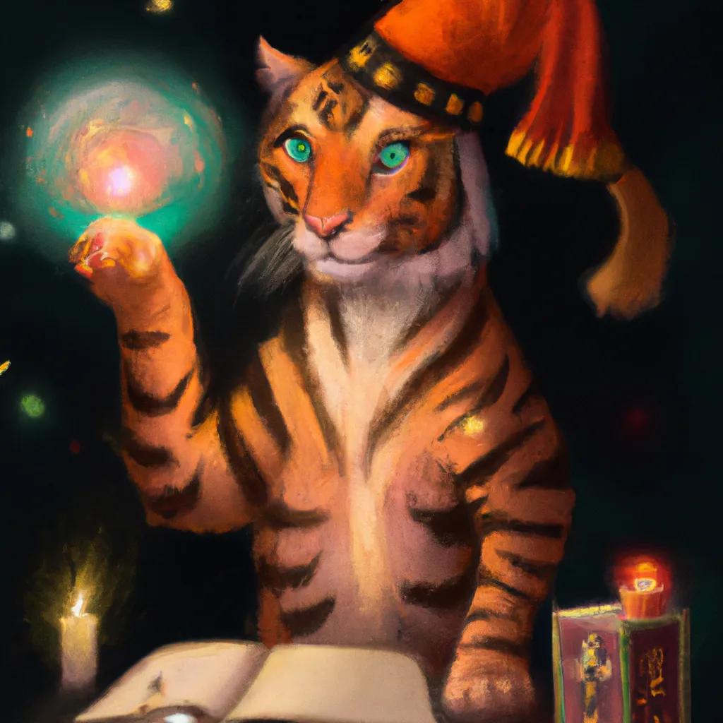 Prompt: A Catfolk bengal tiger is an arcane magician, epic fantasy