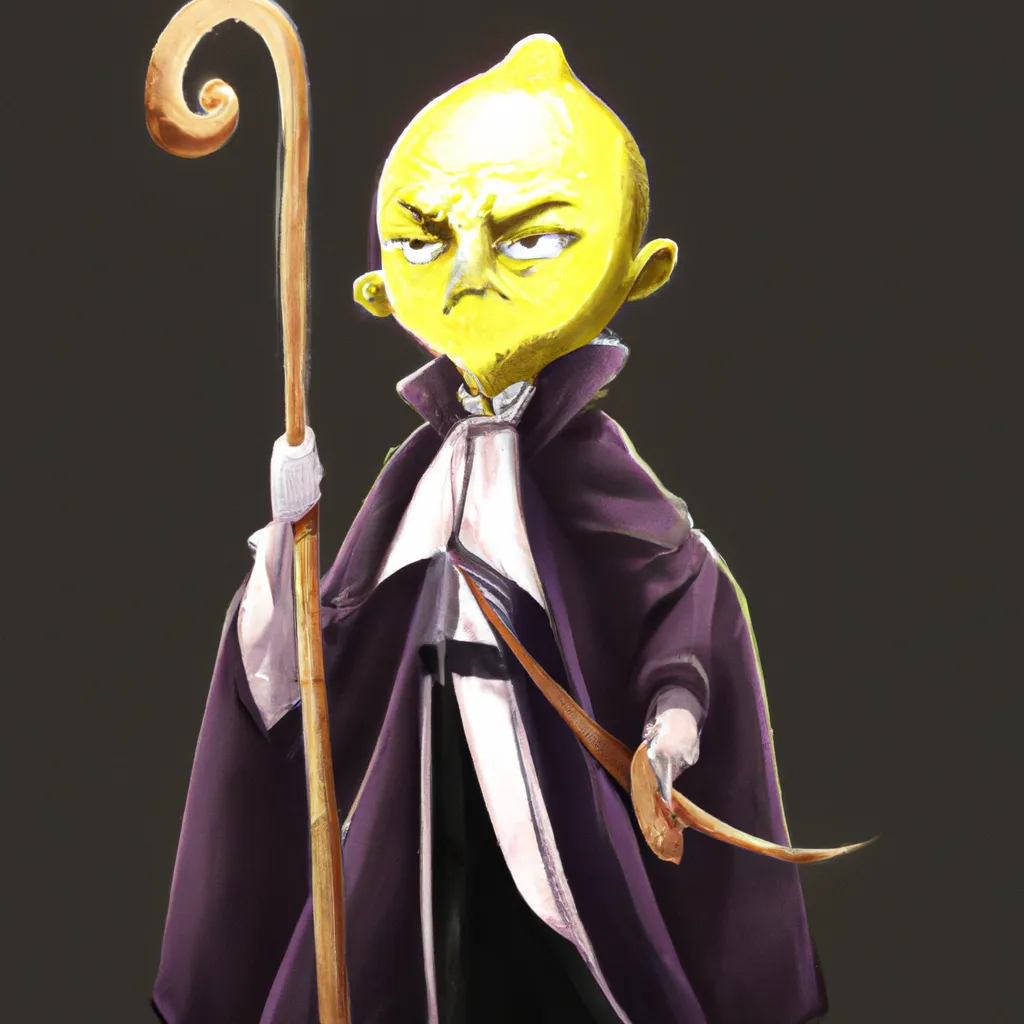 Prompt: an intricate highly detailed full body digital art of a yellow lemon character wearing a black robe and holding a magical cane + smooth + cinematic + accurate facial features