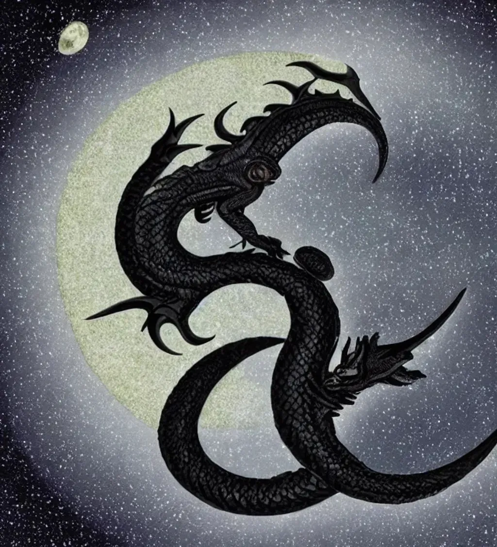 Prompt: Black Eastern Dragon Coiled around the crescent moon in a star-filled sky.