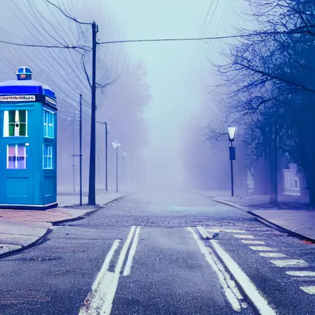 Prompt: Color splash photo of blue TARDIS in the middle of empty street, detailed, mist, soft, vignette