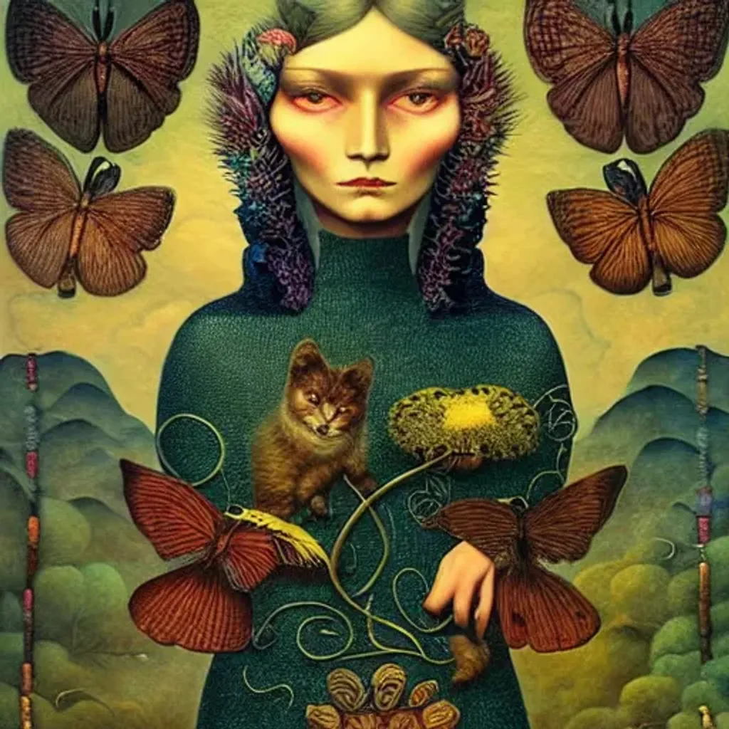 Prompt: Peruvian arpillera Oxana dobrovolska victo ngai henry rousseau Vladimir kush peregrine heathcoate catrin welz-stein Andrea kurti Andrea kowch 