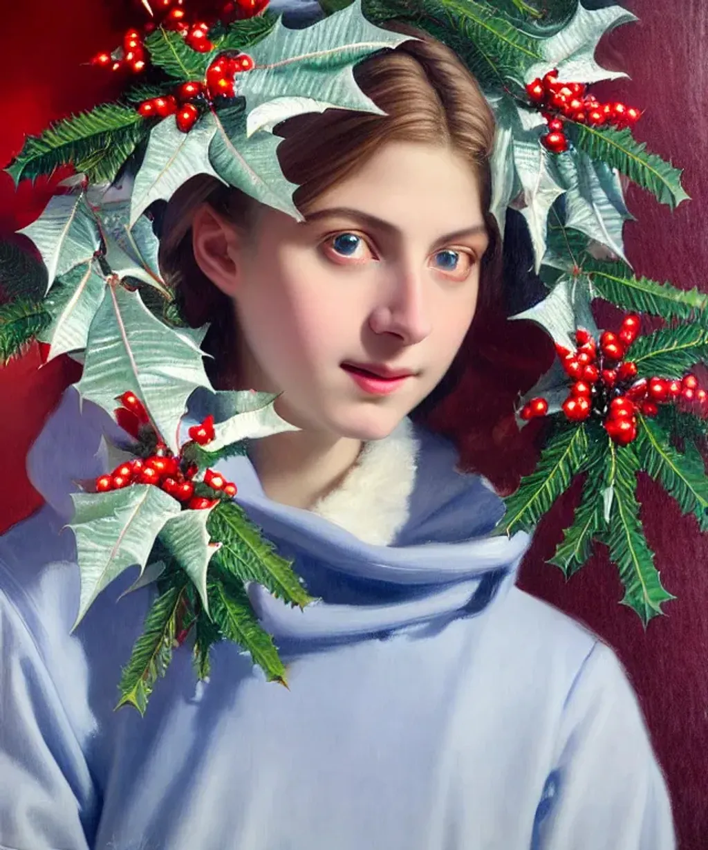 Prompt: Teenager, attractive, elegant, confident, optimistic, smiling, indigo pine red fulvous silver photorealistic beautiful big eyes, heavenly look, highly detailed modern Christmas style clothing, fine skin details ((centered composition)) by Singer Sargent, McNeall Whistler, Winter, snowflakes, poinsettia,  ultra realistic, portrait painting, global illumination, occlusion, volumetric lighting, volumetric mist, sharp focus, narrow DoF, 128K UHD Poser, octane 