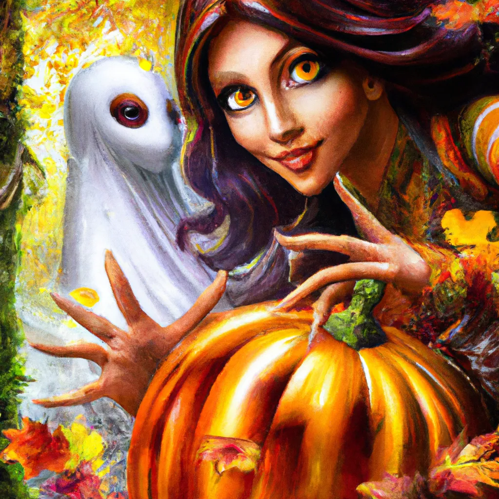 Prompt: Detailed hyper realistic ultra realistic sharp clear digital airbrush by Anna Dittmann, preston blair, Tom Bagshaw, eyvind earle, tim Burton, Gil Elvgren. Movie still poster of A Scary Haunted Horror spooky ghost woman and an supernova alien robot playing hide and seek in a autumn landscape. Desire love ghosts friendship blessings femininity strength healing ecology pumpkins lillies magic steampunk  robots black hole. Playing Hide and seek.